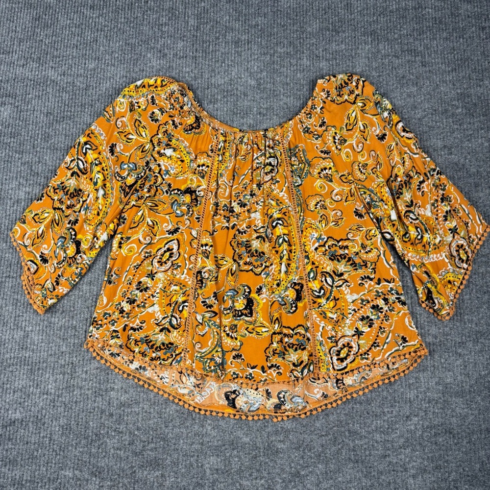 Fever Blouse Womens L Rayon Paisley Bell Sleeve Crochet Trim Peasant Fairy Top